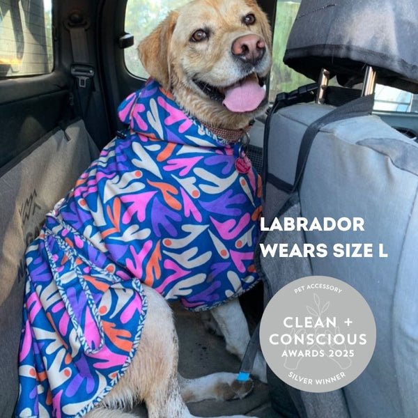 Dog hooded towel, bathrobe for dogs, calming jacket for dogs. recycled, eco friendly products for dogs. Made from recycled plastic bottles.Drying Hoodie for dogs. Lightweight towel for dogs. Matching dog and owner towel, Outdoor dog and human matching gear