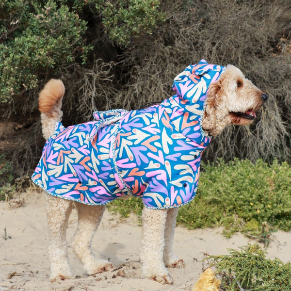 Dog hooded towel, bathrobe for dogs, calming jacket for dogs. recycled, eco friendly products for dogs. Made from recycled plastic bottles. Lightweight towel for dogs. Large. Surf dog Towel.