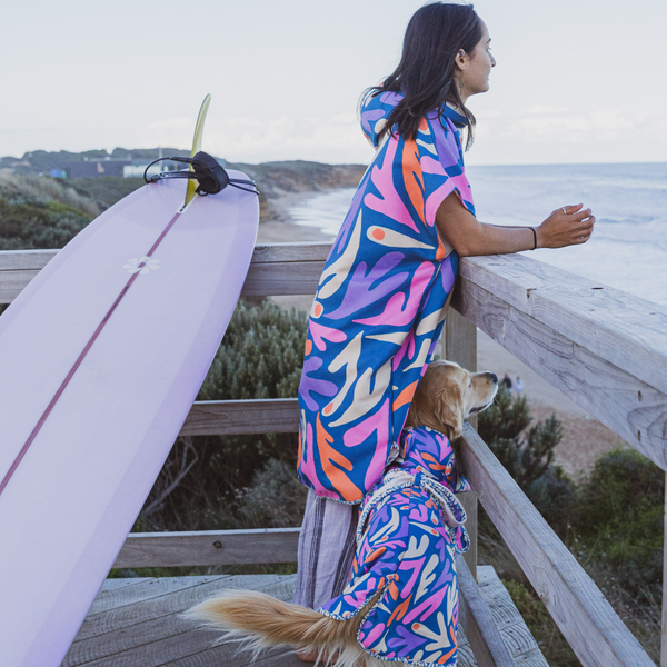 fun and vibrant hooded poncho towel, lightweight, microfibre, recycled polyester. Surf Poncho. Local. Surfcoast. Victoria. Matching hooded towels for people and dogs.