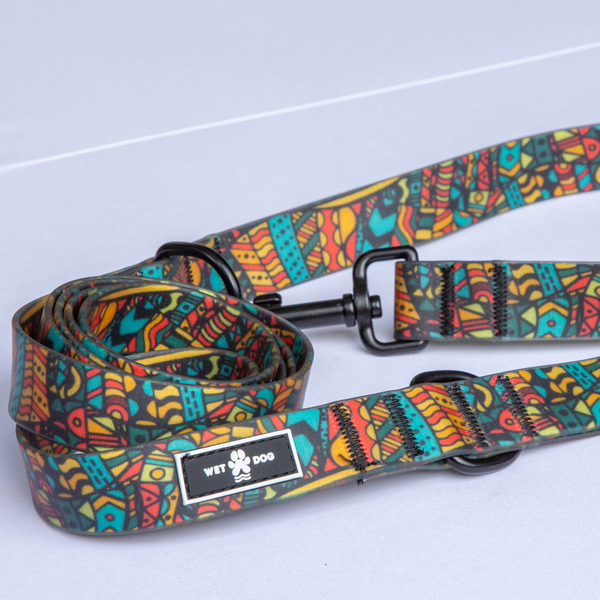Waterproof, sand proof dog lead. Stainless Steel D Ring. Recycled webbing. Eco friendly coating. Designed in Australia. Designer lead. Double clip Lead.