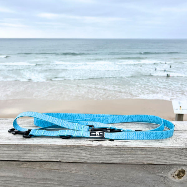 Waterproof, sand proof dog lead. Stainless Steel D Ring. Recycled webbing. Eco friendly coating. Designed in Australia. Designer lead. Double clip Lead.