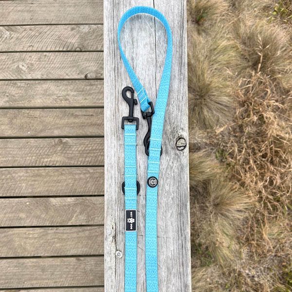 Waterproof, sand proof dog lead. Stainless Steel D Ring. Recycled webbing. Eco friendly coating. Designed in Australia. Designer lead. Double clip Lead.