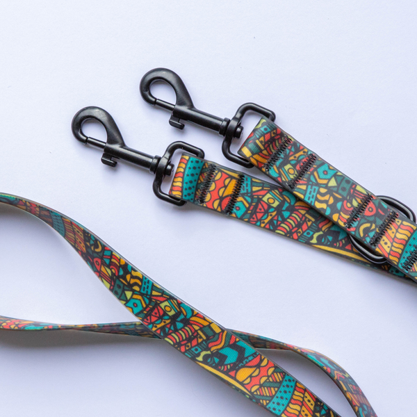 Waterproof, sand proof dog lead. Stainless Steel D Ring. Recycled webbing. Eco friendly coating. Designed in Australia. Designer lead. Double clip Lead.