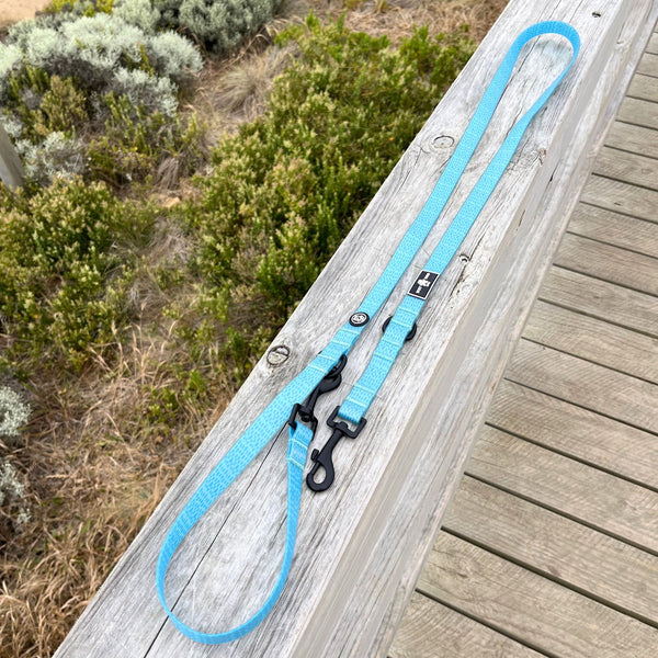 Waterproof, sand proof dog lead. Stainless Steel D Ring. Recycled webbing. Eco friendly coating. Designed in Australia. Designer lead. Double clip Lead.