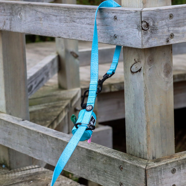 Waterproof, sand proof dog lead. Stainless Steel D Ring. Recycled webbing. Eco friendly coating. Designed in Australia. Designer lead. Double clip Lead.