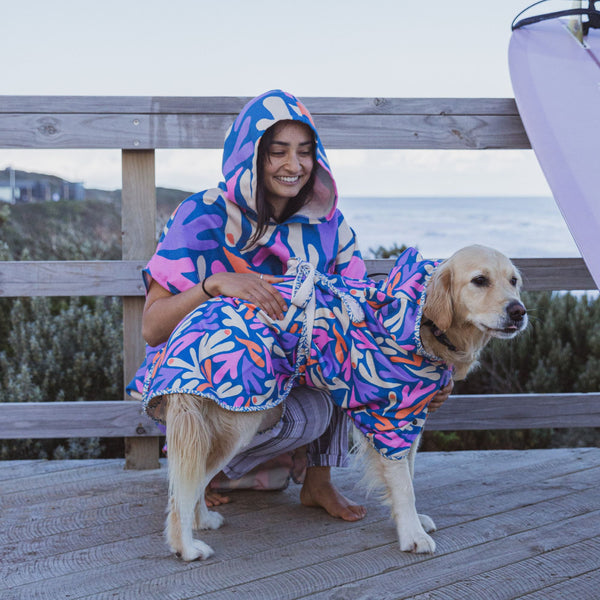 Dog hooded towel, bathrobe for dogs, calming jacket for dogs. recycled, eco friendly products for dogs. Made from recycled plastic bottles.Drying Hoodie for dogs. Lightweight towel for dogs. Matching dog and owner towel, Outdoor dog and human matching gear