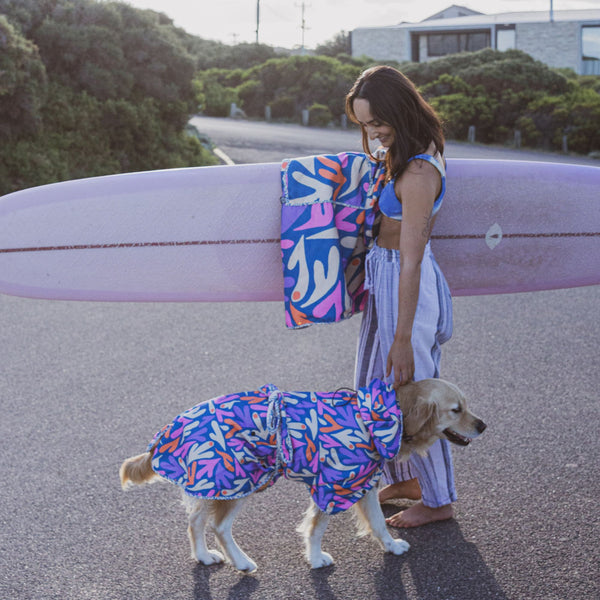 Dog hooded towel, bathrobe for dogs, calming jacket for dogs. recycled, eco friendly products for dogs. Made from recycled plastic bottles.Drying Hoodie for dogs. Lightweight towel for dogs. Matching dog and owner towel, Outdoor dog and human matching gear