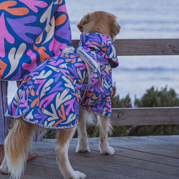 Dog hooded towel, bathrobe for dogs, calming jacket for dogs. recycled, eco friendly products for dogs. Made from recycled plastic bottles.Drying Hoodie for dogs. Lightweight towel for dogs. Matching dog and owner towel, Outdoor dog and human matching gear