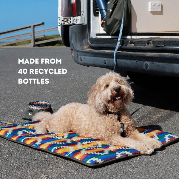 Wet Dog and Co Travel Dog Mat in Wanderlust print, dual-sided water-resistant mat made from recycled plastic bottles