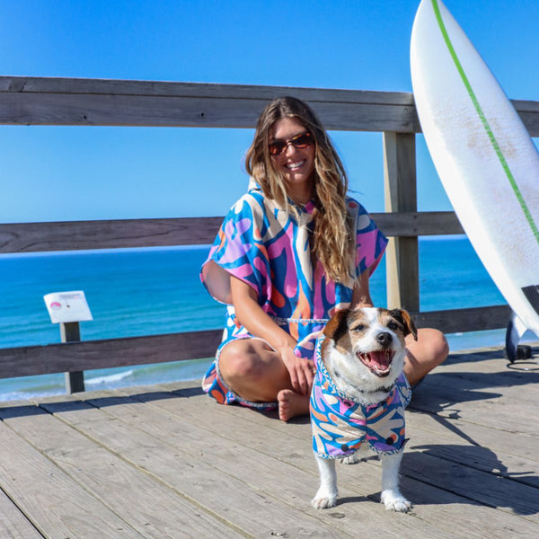 Wet Dog & Co Beach Bums Bundle with matching human and dog hooded towels in Seagal design