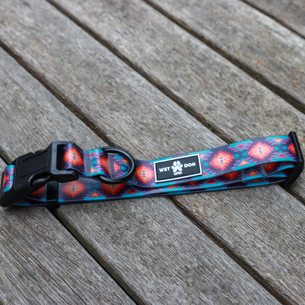 Nomad, aztec print dog collar, waterproof and stink proof. Wet Dog Collar. Designer Collar. Loca. Recycled. Eco Frienldy. Stailness Steel. No Rust