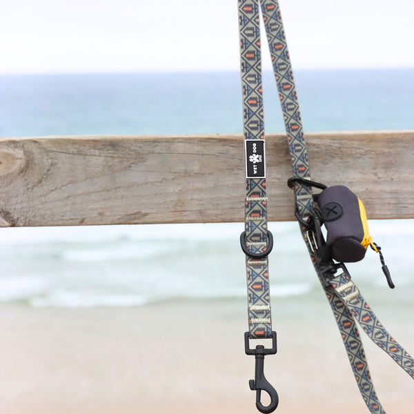 Waterproof, sand proof dog lead. Stainless Steel D Ring. Recycled webbing. Eco friendly coating. Designed in Australia. Designer lead. Double clip Lead.