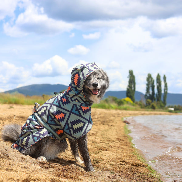 Dog hooded towel, bathrobe for dogs, calming jacket for dogs. recycled, eco friendly products for dogs. Made from recycled plastic bottles. Lightweight towel for dogs.