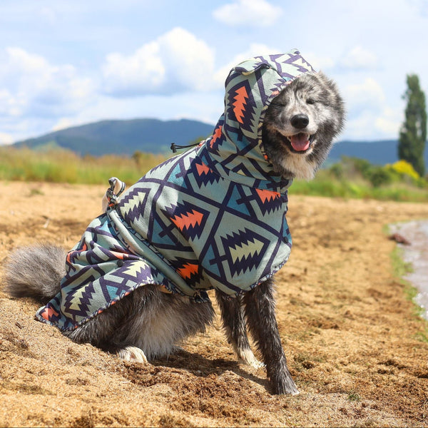 Dog hooded towel, bathrobe for dogs, calming jacket for dogs. recycled, eco friendly products for dogs. Made from recycled plastic bottles. Lightweight towel for dogs.