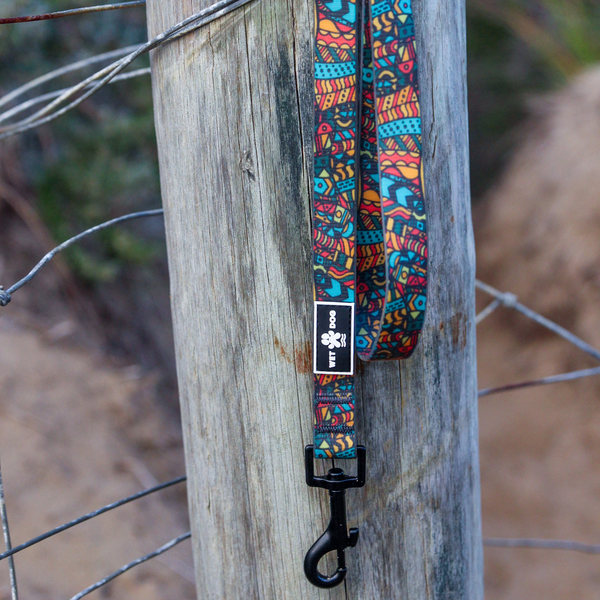 Waterproof, sand proof dog lead. Stainless Steel D Ring. Recycled webbing. Eco friendly coating. Designed in Australia. Designer lead. Double clip Lead.