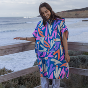 fun and vibrant hooded poncho towel, lightweight, microfibre, recycled polyester. Surf Poncho. Local. Surfcoast. Victoria. Matching hooded towels for people and dogs. 