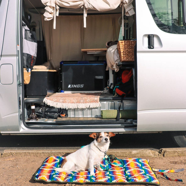 portable travel dog mat, training dog mat, recycled, waterproof, colourful dog bed, easy dog bed. Indie Boho Dog travel bed. Dog Camping Bed