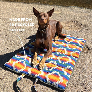 Wet Dog and Co Travel Dog Mat in Wanderlust print, dual-sided water-resistant mat made from recycled plastic bottles
