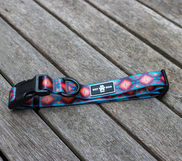 Nomad, aztec print dog collar, waterproof and stink proof. Wet Dog Collar. Designer Collar. Loca. Recycled. Eco Frienldy. Stailness Steel. No Rust